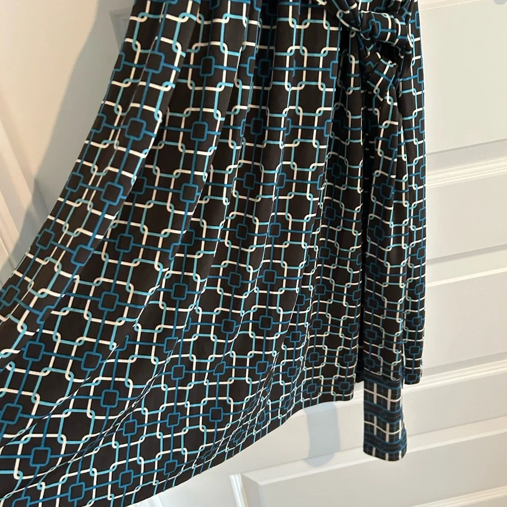Talbots Wrap Dress Black Blue Geometric Print Size 12